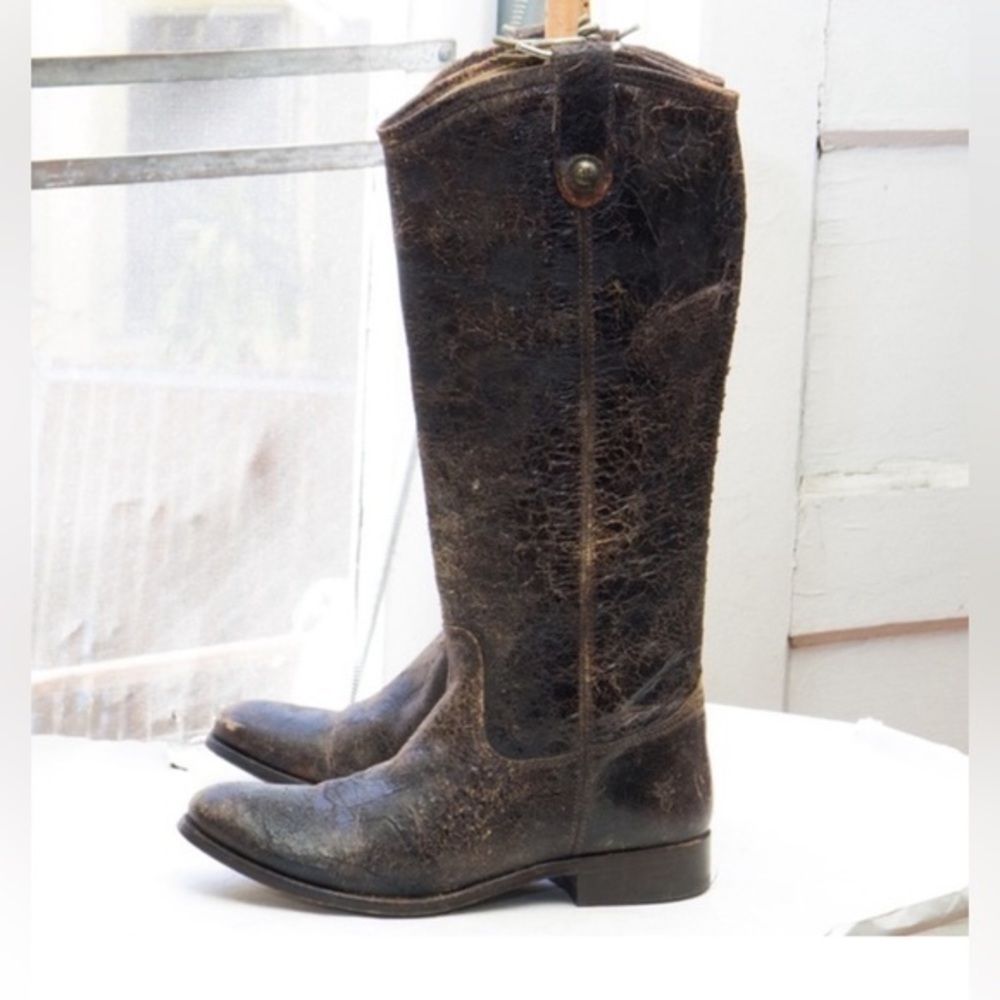 ✨ Frye 'Melissa Button' tall moto boot, glazed slate cracked leather - like new!